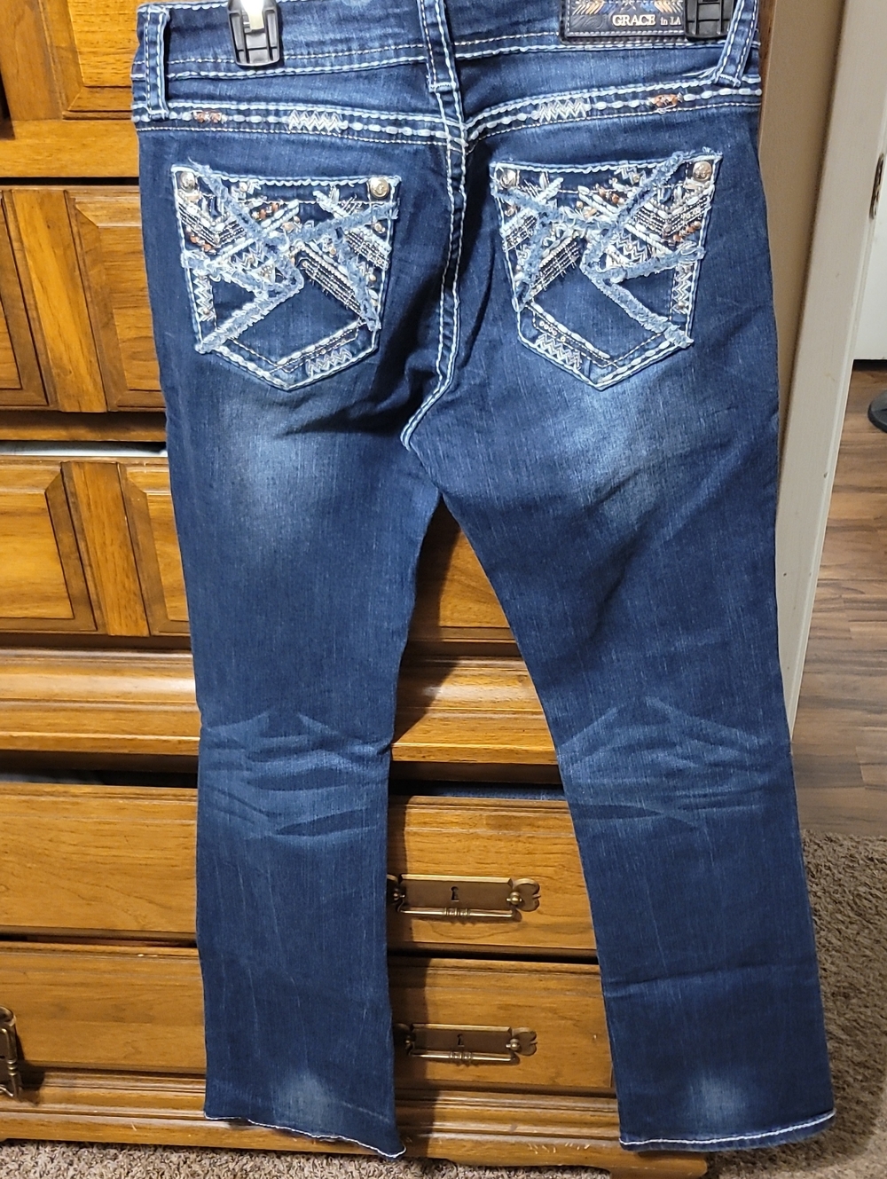 Grace in LA Dark Blue Boot Cut Jeans with Embellished Back Pockets